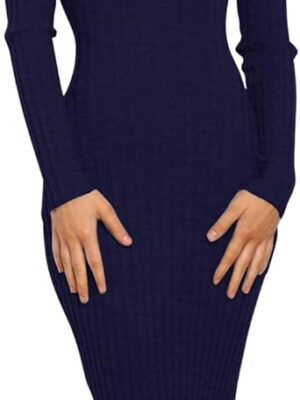 MEROKEETY Ribbed Long Sleeve Sweater Dress High Neck Slim Fit Knitted Midi Dress- SIZE MEDIUM