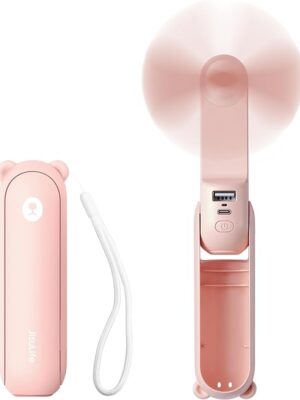JISULIFE Handheld Mini Fan, 3 IN 1 Hand Fan, USB Rechargeable Small Pocket Fan [12-19 Working Hours] with Power Bank, Flashlight, Portable Fan for Travel/Summer/Concerts/Lash, Gifts for Women(Pink)