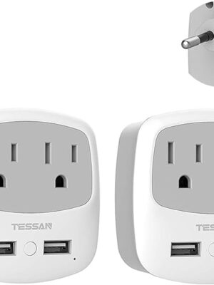 TESSAN European Travel Plug Adapter 2 Pack, US to Europe Power Adaptor with 2 USB 2 AC Outlets, International Charger Converter USA to Most of EU Italy Iceland Spain France Greece Germany (Type C)