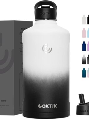 COKTIK 128 oz Water Bottle Insulated, Double Walled Vacuum Metal Stainless Steel Sports Water Bottle with Reusable 2 Lids for Sports, Gym, Fitness or Office(Day & Night)