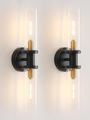 Wall Sconces Set of Two Black and Brass Gold 🔥🔥🔥 Wall Lamp Wall Lights with Clear Glass Shade Sconces Wall Lighting Wall Sconces Indoor Sconces Wall Decor Set of 2 Wall Scones, Wall Lights Set of 2
