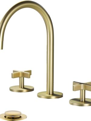 Brushed Gold Bathroom Faucet, Indare 8-Inch Brass Widespread Bathroom Sink Faucet 3 Holes with Copper Pop-Up Drain & Supply Lines, 110101-BG