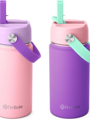 Fimibuke Kids Insulated Water Bottle - 14oz BPA-FREE 18/8 Stainless Steel Travel Tumbler Leak Proof Double Wall Vacuum Kids Cup with Straw Metal Water Bottle for School Boys Girls（2 Pack, GREEN/BLUE & PURPLE IN COLOR）
