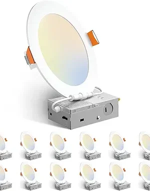 Amico 12 Pack 6 Inch 5CCT Ultra-Thin LED Recessed Ceiling Light with Junction Box, 1050LM Brightness, Dimmable Canless Wafer Downlight, 12W, ETL&FCC