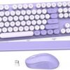 Wireless Keyboard and Mouse Combo, Cute Round Keycaps, Full-Size Retro Typewriter Keyboard with Detachable Wrist Rest, 2.4GHz Cordless Connection for Mac/Windows/PC/Laptop (Purple-Colorful)