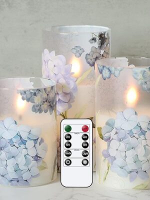 Wondise Glass Flameless Candles with Remote and Timer, Hydrangea Battery Operated Pillar Candles for Home Decoration, Set of 3(D3 x H4/5/6 Inch)