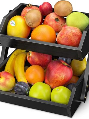 G.a HOMEFAVOR Fruit Basket for Kitchen, 2-Tier Fruit Bowl for Kitchen Counter, Vegetable Storage Stand for Fruit Shop, 15 mm Thickness (BLACK)