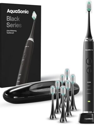 Aquasonic Black Series Ultra Whitening Toothbrush – ADA Accepted Electric Toothbrush- 8 Brush Heads & Travel Case – 40,000 VPM Electric Motor & Wireless Charging - 4 Modes w Smart Timer
