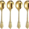 KEAWELL Gorgeous Round Soup Spoon, Set of 4, 18/10 Stainless Steel, Luxury Bouillon Spoon, Dishwasher Safe, Fine Mirror Polished (Gold)