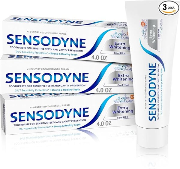 Sensodyne Extra Whitening Sensitive Teeth and Cavity Prevention Whitening Toothpaste, Amazon Exclusive, Cool Mint -4 Ounces (Pack of 3)