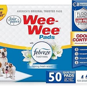 Four Paws Wee-Wee Odor Control with Febreze Freshness Pee Pads for Dogs of All Sizes, Leak-Proof Floor Protection Dog & Puppy Quilted Potty Training Pads, Spring Fresh Scent, 22 x 23(50 Count)