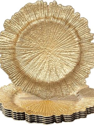 MAONAME Round 13" Gold Charger Plates, Set of 6, Reef Plate Chargers for Dinner Plates, Plastic Table Chargers for Wedding, Thanksgiving, Christmas