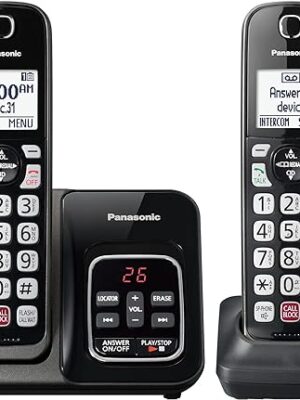 Panasonic Cordless Phone with Answering Machine, Advanced Call Block, Bilingual Caller ID and Easy to Read High-Contrast Display, Expandable System with 2 Handsets - KX-TGD832M (Metallic Black)