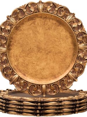 MAONAME 14" Antique Gold Charger Plates with Embossed Rims, Set of 6, Plastic Plate Chargers for Dinner Plates, Table Setting