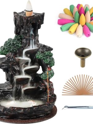 SOLEJAZZ Backflow Incense Burner Waterfall/Mountain Tower Incense Holders, with 120 Backflow Incense Cones, 30 Incense Sticks, Home Decor Aromatcherapy Ornamen