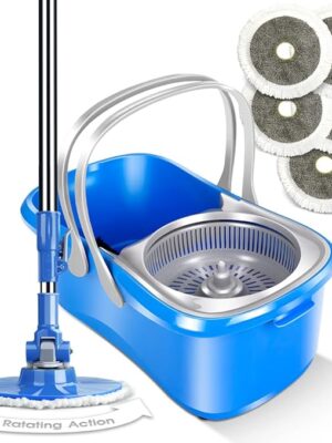 MASTERTOP Spin Mop and Bucket with Wringer Set, Microfiber Mops Bucket Floor Cleaning System, Wet Dry Spinning Mopping for Hardwood Laminate Floors - Stainless Steel Handle & 5 Reusable Pads