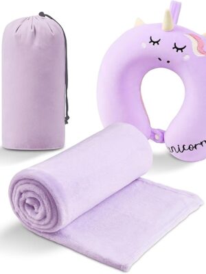 Travel Blanket and Pillow - Premium Airplane Blanket with Soft Bag Pillowcase, Hand Luggage Belt Compact Pack Large Blanket for Travel (Purple)