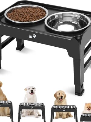 Elevated Dog Bowls, 4 Height Adjustable Raised Dog Bowl Stand with 2 Thick 50oz Stainless Steel Dog Food Bowls Non-Slip Dog Feeder for Large Medium Dogs Adjusts to 3.7\", 9.2\", 10.75\", 12.36\" Black