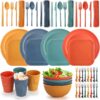 Lyellfe 44 Pieces Wheat Straw Dinnerware Sets, Unbreakable Camping Plates Cups and Bowls Set, Lightweight Kitchen Dish with Knives, Forks, Spoons, Dishwasher Microwave Safe