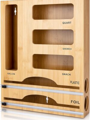 Storage Bag Organizer with Foil and Plastic Wrap Organizer , Aluminum Foil Dispenser with Cutter, Bamboo 6 in 1 Baggie Organizer Suitable for Gallon, Quart, Sandwich, Snack
