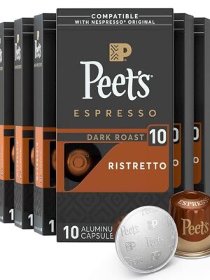 Peet's Coffee, Dark Roast Espresso Pods, Ristretto Intensity 10, 100 Count (10 Boxes of 10 Espresso Capsules) (BB 1/2025)