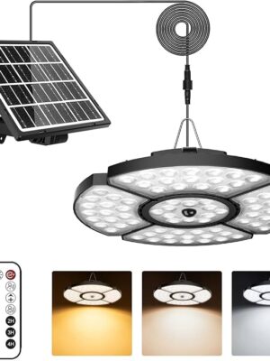 MEIKEE Solar Light for Shed Interior Outdoor 152 LED 4+1 Adjustable Leaf 6 Lighting Modes 1200LM Motion Sensor Remote Control Solar Shop Lights for Shed Pendant Lights Indoor Solar Lights for Home
