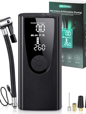 POOTACK Electric Air Pump Digital with 6000 mAh Battery 150 PSI 12 V Mini Compressor Bicycle Car Wireless with Digital Display & Pressure Gauge & 4 Adapters for Various Inflatable Equipment