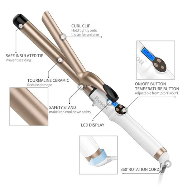 Hoson 1 Inch Curling Iron Professional Ceramic Tourmaline Coating Barrel Hair Curler, LCD Display with 9 Heat Setting (225°F to 450°F for All Hair Types, Glove Include) - Image 3