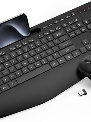 Wireless Keyboard and Mouse Combo - Full-Sized Ergonomic Keyboard with Wrist Rest, Phone Holder, Sleep Mode, Silent 2.4GHz Cordless Keyboard Mouse Combo for Computer, Laptop, PC, Mac, Windows -Trueque