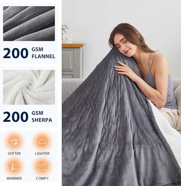 Homemate Heated Blanket Electric Throw - 50"X60" Heating Blanket Throw 1/2/4/6/8 Hours Auto-off 10 Heat Level Heat Blanket Over-heat Protection Flannel Sherpa Heater Blanket Electric ETL Certification - Image 2