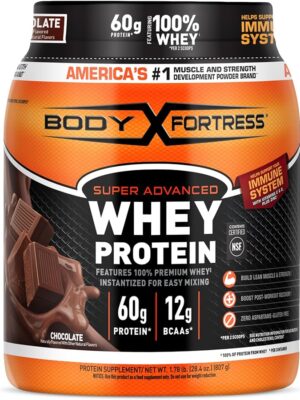 Body Fortress Super Advanced Whey Protein Powder, Chocolate, Immune Support (1), Vitamins C & D Plus Zinc, 1.78 lbs (BB 06/2025)