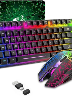 Wireless Gaming Keyboard and Mouse Combo with 87 Key Rainbow LED Backlight Rechargeable 3800mAh Battery Mechanical Feel Anti-ghosting Ergonomic Waterproof RGB Mute Mice for Computer PC Gamer (Black)