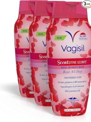 Vagisil Feminine Wash for Intimate Area Hygiene, Scentsitive Scents, pH Balanced and Gynecologist Tested, Rose All Day, 12 oz (Pack of 3)