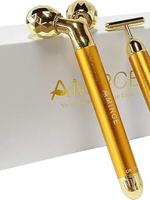 Amirce Face Massager Roller Golden 3D Roller Electric Facial Roller and T Shape Facial Roller Massager Kit Face Roller