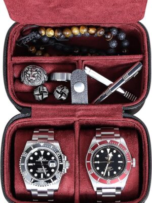 ROTHWELL 2 Watch Travel Case Storage Organizer for 2 Watches | Tough Portable Protection w/Zipper Fits All Wristwatches & Smart Watches Up to 50mm (Black/Red)