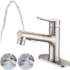Bathroom Sink Faucet with Pull Out Sprayer, Single Handle Modern Bathroom Basin Faucet with Pop-up Sink Drain Stopper & Deck Plate 1 or 3 Hole, Brushed Nickel