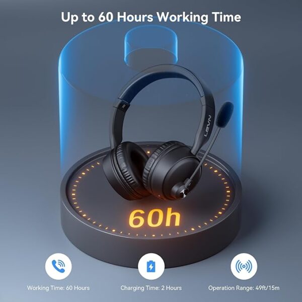 LEVN Bluetooth Headset with Microphone, Wireless Headset with Mic & Mute Button, 60 Hrs Working Time Noise Cancelling Bluetooth Headset 5.3 Multipoint Connect to Cell Phone/Mobile/Laptop/Tablet/PC - Image 3