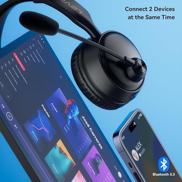 LEVN Bluetooth Headset with Microphone, Wireless Headset with Mic & Mute Button, 60 Hrs Working Time Noise Cancelling Bluetooth Headset 5.3 Multipoint Connect to Cell Phone/Mobile/Laptop/Tablet/PC - Image 2