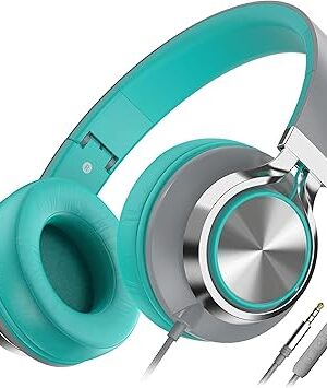 AILIHEN C8 Wired Headphones with Microphone and Volume Control Folding Lightweight Corded Headset for Cellphones Tablets Chromebook Phones Smartphones Laptop Computer PC Mp3/4 (Grey/Mint)