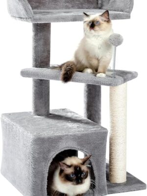 Made4Pets Cat Tree, Carpet Cat Tower Grey for Indoors Cats, Cute Wood Kitty Condo with Scratching Post and Pad, 29\" Multi-Level Modern Activity Climbing Furniture for Small and Medium Cats