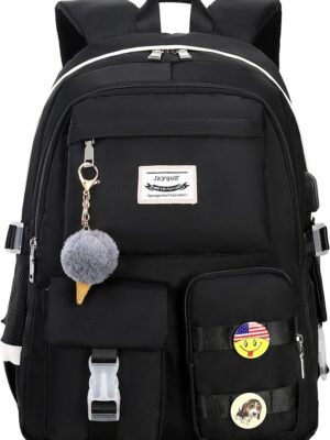 Waterproof Women Laptop Backpack Casual Girls Daypack Black BUTTONS NOT INCLUDED
