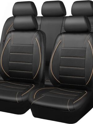 CAR PASS Universal FIT Piping Leather Car Seat Cover, for suvs,Van,Trucks,Airbag Compatible,Inside Zipper Design and Reserved Opening Holes (Full Set, Black and Beige)