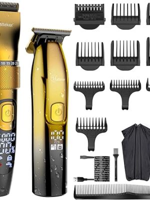 Hatteker Mens Professional Hair Clippers and T-Blade Trimmer Kit Cordless Beard Barber Clipper Hair Cutting Kit Haircut Grooming Kit IPX7 Waterproof (Gold)