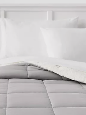 Twin/Twin Extra Long Faux Shearling Washed Microfiber Reversible Comforter Gray