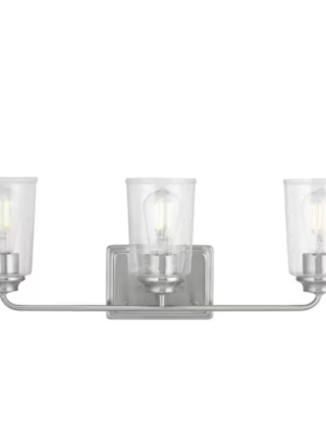 Hampton Bay Evangeline 23 in. 3-Light Brushed Nickel Farmhouse Bathroom Vanity Light with Clear Seeded Glass Shades