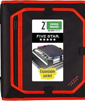 Five Star Zipper Binder, 2 Inch 3-Ring Binder for School, Expansion Panel, 580 Sheet Capacity, Red/Black (29052CE8)
