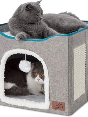 Bedsure Cat Beds for Indoor Cats - Large Cat Cave for Pet Cat House with Fluffy Ball Hanging and Scratch Pad, Foldable Cat Hideaway,16.5x16.5x13 inches, Grey