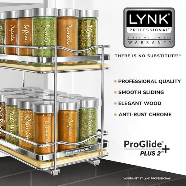 LYNK PROFESSIONAL® Élite™ Pull Out Spice Rack Organizer for Inside Kitchen Cabinets - 6-1/4 inch Wide - Slide Out Drawer – Wood/Chrome Sliding Spice Cabinet Organization Shelf Racks - 2 Tier (STORE PICK-UP ONLY) - Image 2